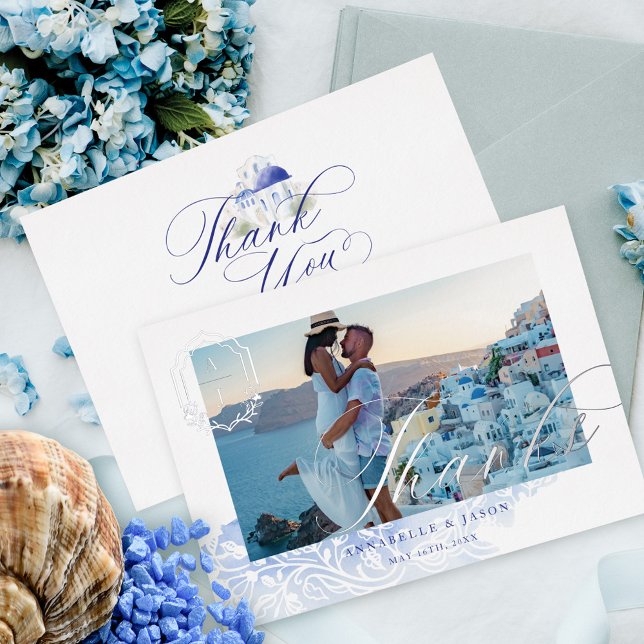Greece Wedding Thanks Script Monogram Photo Folieneinladung (Greece Wedding Thanks Script Monogram Photo Foil Invitation)