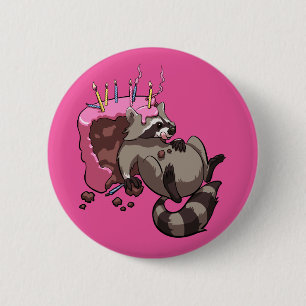 Greedy Raccoon Full of Birthday Cake Cartoon Button