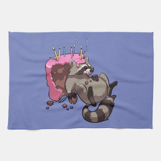 Greedy Raccoon Full of Birthday Cake Cartoon Geschirrtuch (Horizontal)
