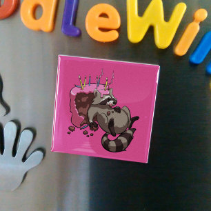 Greedy Raccoon Full of Birthday Cake Cartoon Magnet