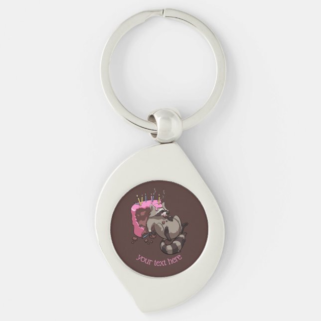 Greedy Raccoon Full of Birthday Cake Cartoon Schlüsselanhänger (Vorderseite)