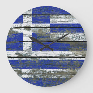 Greek Flag on Rough Wood Boards Effect Große Wanduhr