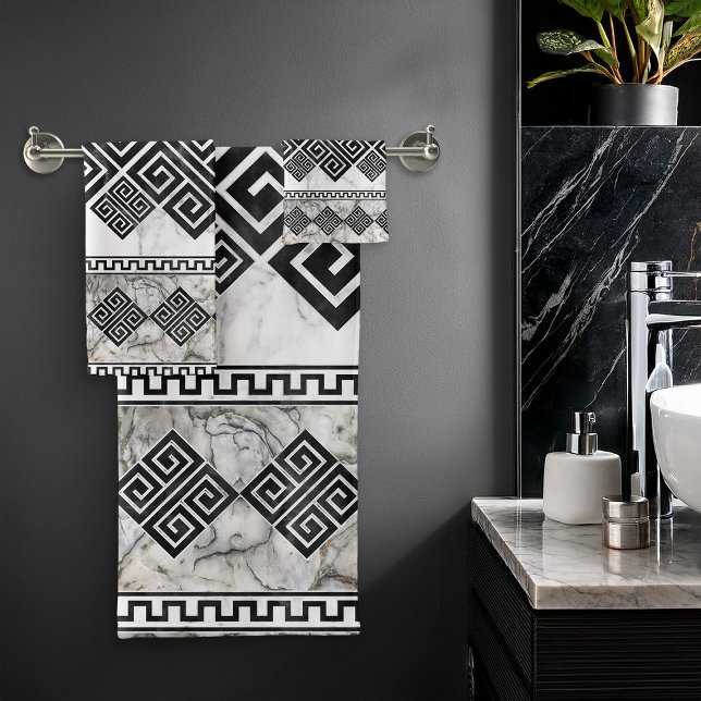 Greek Meander - Greek Key Black and White Marble Badhandtuch Set (Von Creator hochgeladen)