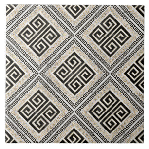 Greek Meander - Greek Key Black and White Marble Fliese