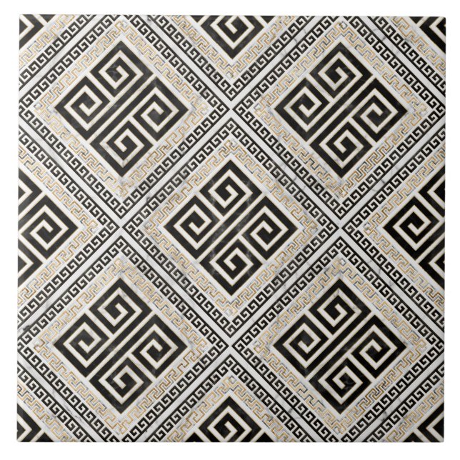 Greek Meander - Greek Key Black and White Marble Fliese (Vorderseite)