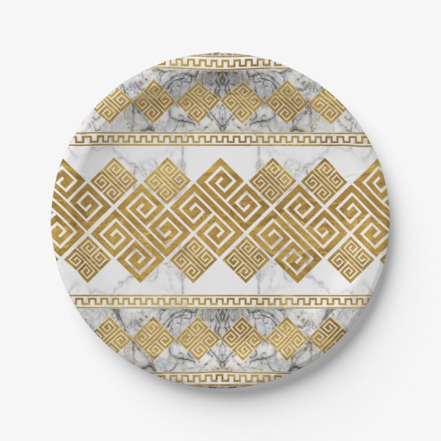 Greek Meander - Greek Key White Marble and Gold Pappteller (Vorderseite)