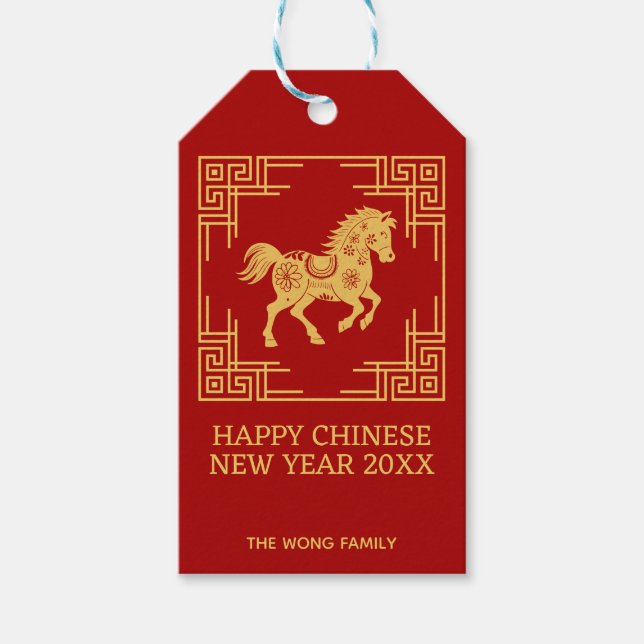 Greek Ornament Frame Golden Horse Pattern Red  Geschenkanhänger (Vorderseite)