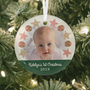 Green 1. Christmas Baby Foto Girl Cookie Wreath Ornament Aus Glas