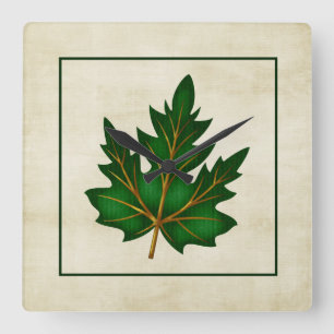 Green 1 Leaf Fall Season Themed Square Clock Quadratische Wanduhr