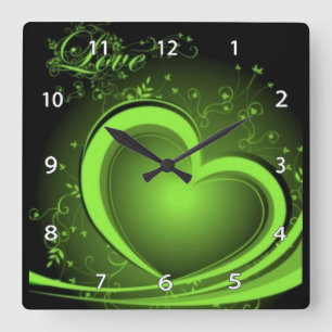 Green Abstract Heart Clock Quadratische Wanduhr