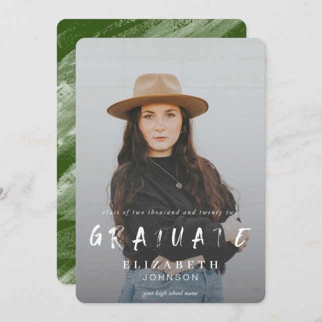 Green Abstrakt Brushstrokes Foto Abschluss Ankündigung (Vorne/Hinten)