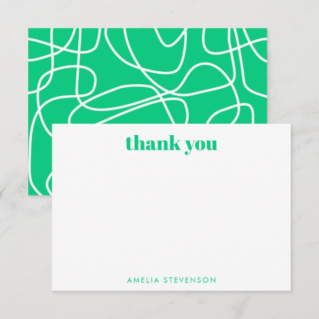 Green Abstrakt Modern Line Art Personalisiert Name Dankeskarte (Vorne/Hinten)