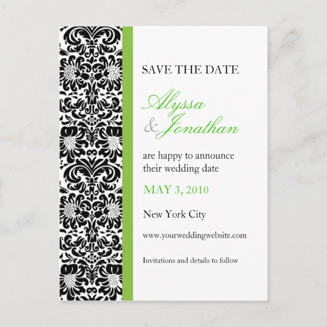 Green Accent Damask Save the Date Karte (Vorderseite)