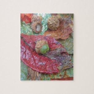 Green Acorn auf einem Roten Fall Leaf Puzzle