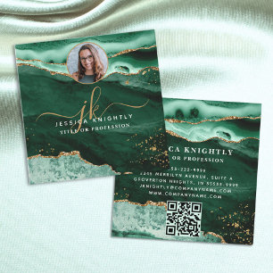 Green Agate Gold Glitzer Script Foto QR Quadratische Visitenkarte