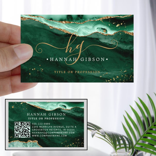 Green Agate Script Monogram QR Code Glitzer Visitenkarte (Von Creator hochgeladen)