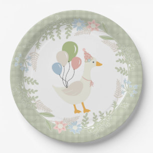 Green Albern Gänse Floral Gingham Party Pappteller