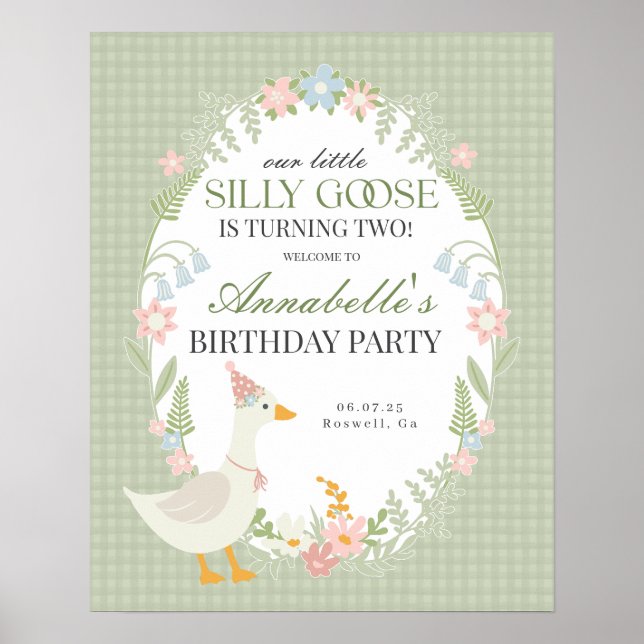 Green Albern Goose Gingham Birthday Willkommenszei Poster (Vorne)