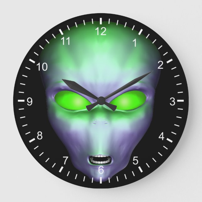 Green Alien Face Große Wanduhr (Vorderseite)