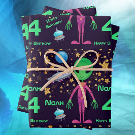 Green Alien UFO Name Age Happy Birthday hinzufügen Geschenkpapier Set