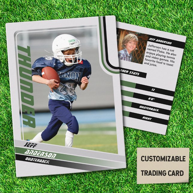 Green American Football Trading Card for Kids Telefonnummerkarte (American Football Player Trading Card for Kids in Grey with Custom Team and Player Name Green)