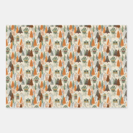 Green and Beige Christmas Forest Village Snowflake Geschenkpapier Set