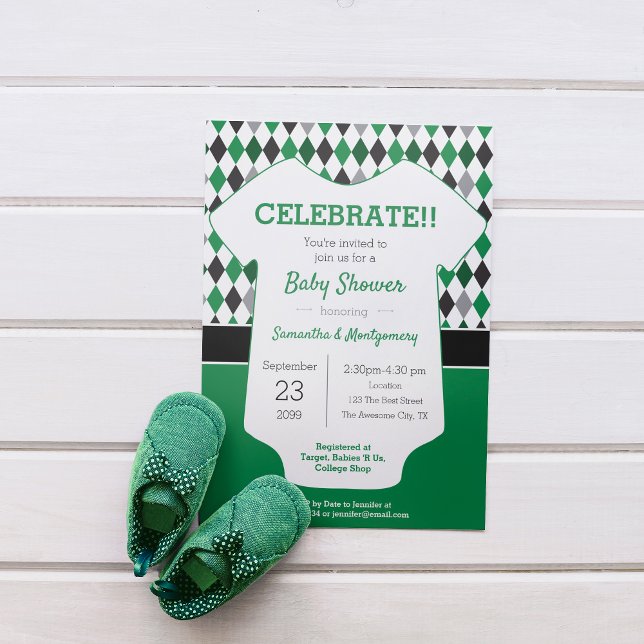Green and Black Argyle Patterned Baby Shower Einladung (Von Creator hochgeladen)