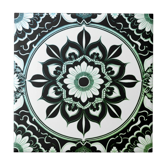 Green and Black Mandala Tile Fliese (Vorderseite)