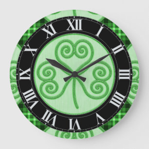 Green and Black Plaid Shamrock Wall Clock Große Wanduhr