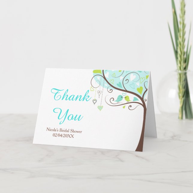 Green and Blue Floral Bird Bridal Shower Thank You Dankeskarte (Vorderseite)