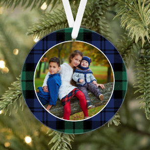 Green and Blue Tartan Plaid Custom Family Photo Ornament