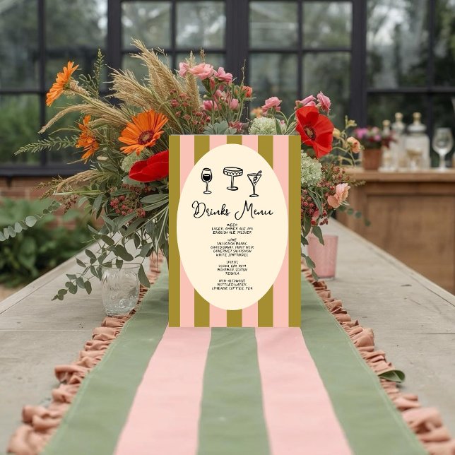 Green and Blush Pink Striped “Drinks Menu” Wedding Poster (Von Creator hochgeladen)