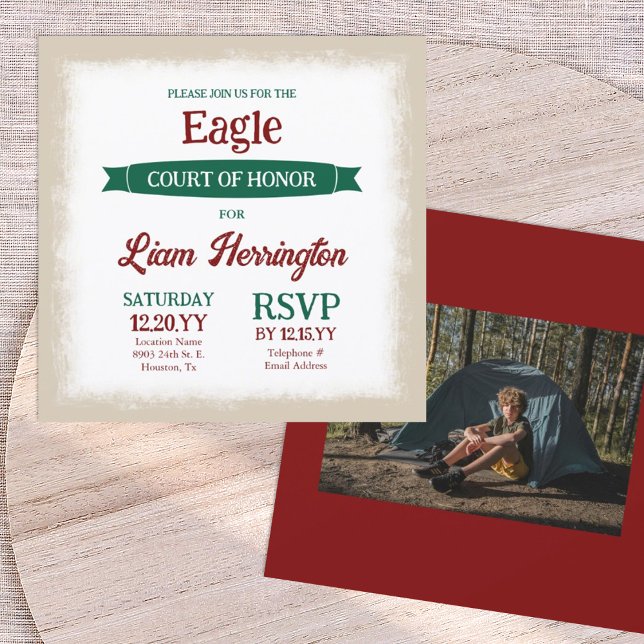 Green and Burgundy Eagle Scout Court of Honor Einladung (green and burgundy red eagle scout court of honor invitation with photo and banner ribbon)