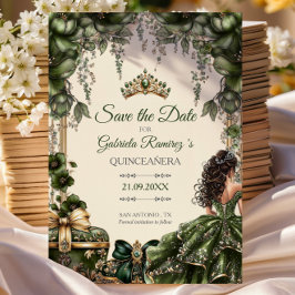 Green and Cream Golden Tiara Floral Quinceañera Save The Date