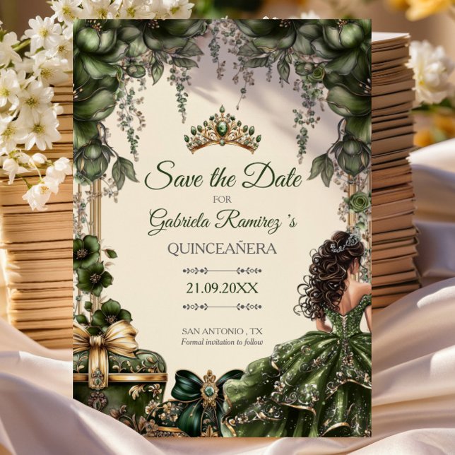Green and Cream Golden Tiara Floral Quinceañera Save The Date (Von Creator hochgeladen)
