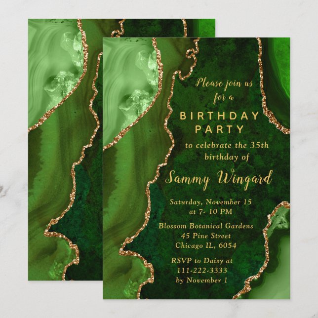 Green and Gold Agate Marble Birthday Party Einladung (Vorne/Hinten)
