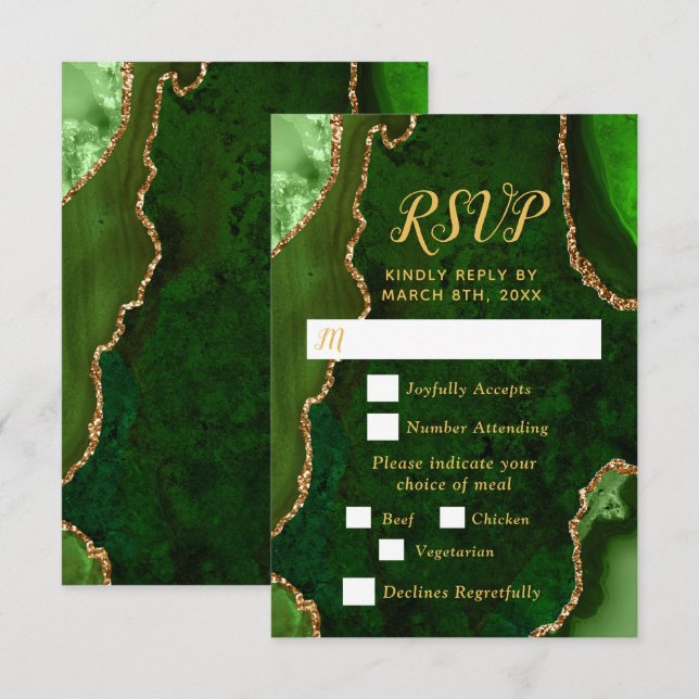 Green and Gold Agate Wedding Meal Choice RSVP Karte (Vorne/Hinten)
