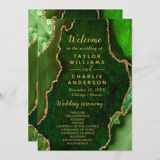 Green and Gold Agate Wedding Program Programm (Vorne/Hinten)