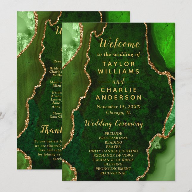 Green and Gold Agate Wedding Program Programm (Vorne/Hinten)