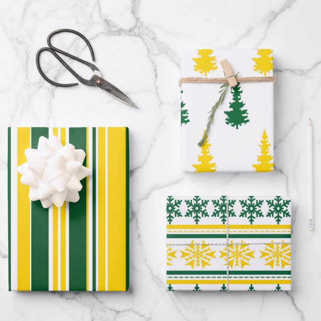 Green and Gold Christmas 3-Pack Gift Wrap Geschenkpapier Set (Vorderseite)