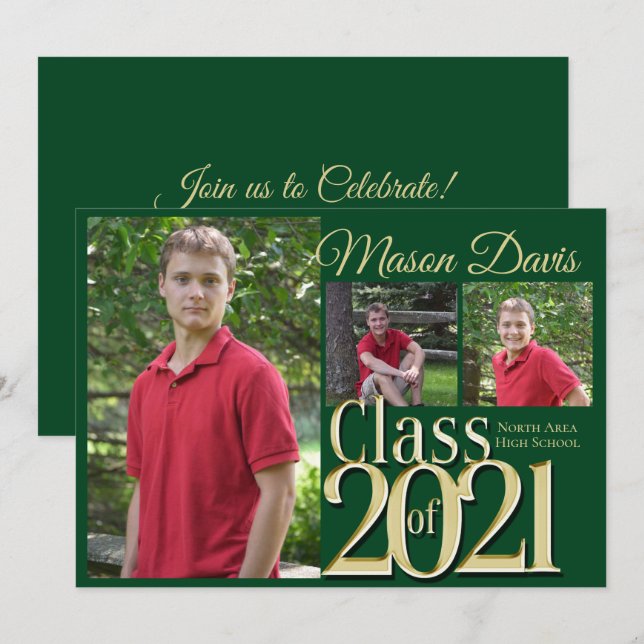 Green and Gold Class of 2021 Foto Abschluss Einladung (Vorne/Hinten)