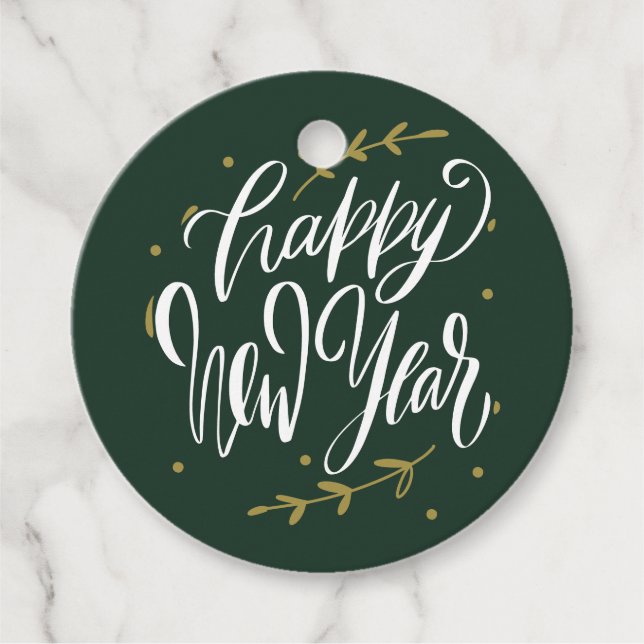 Green and Gold Happy New Year Calligraphy Wreath Geschenkanhänger (Vorderseite)