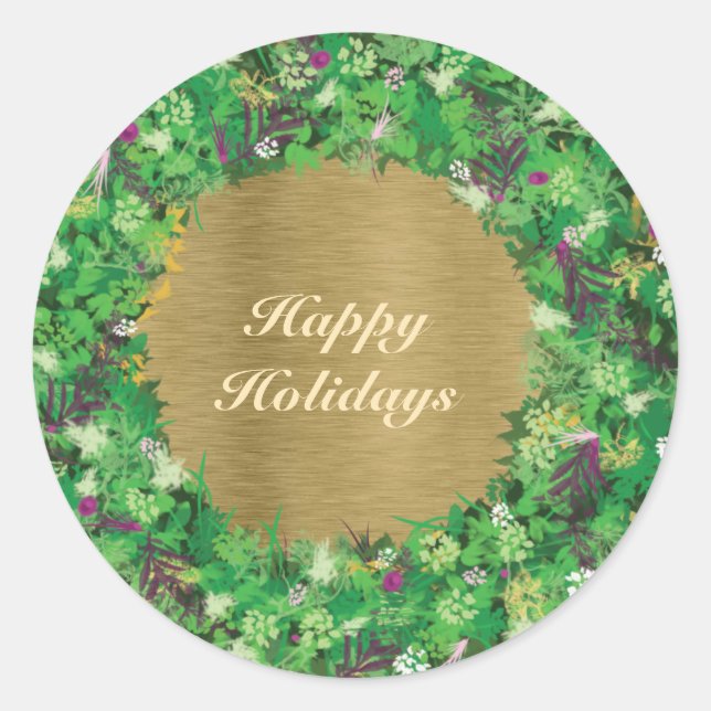 Green and Gold Holiday Wreath Runder Aufkleber (Vorderseite)