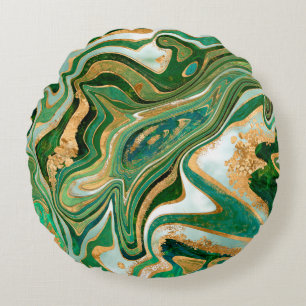 Green and gold liquid marble abstract rundes kissen