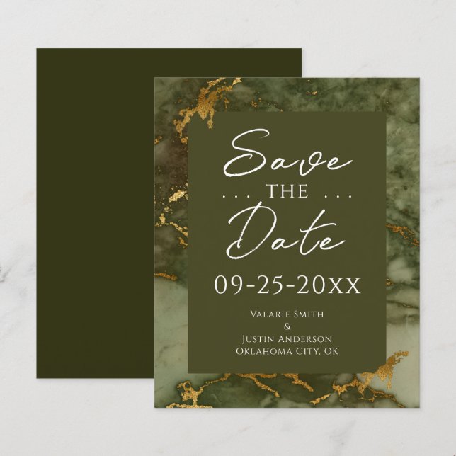 Green and Gold Marmor Budget Save the Date (Vorne/Hinten)