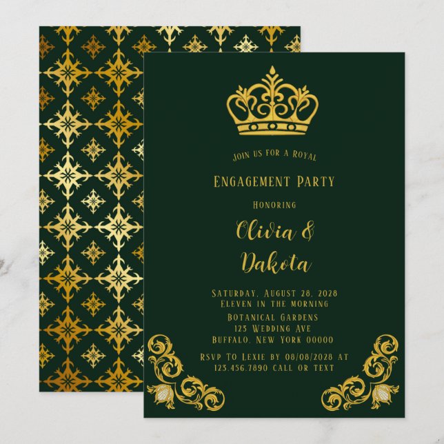 Green and Gold Royal Wedding Party Einladung (Vorne/Hinten)