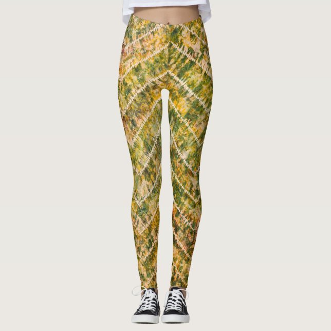 Green and Gold Tie Dye Chevron Pattern Leggings (Vorderseite)