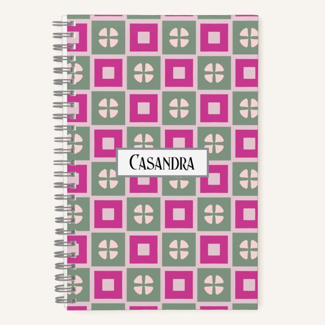 Green and Magenta Boxed Floral Spiral Notebook Notizbuch (Vorderseite)