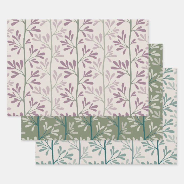 Green and Mauve Garden Stems Modern Botanical Geschenkpapier Set (Set)