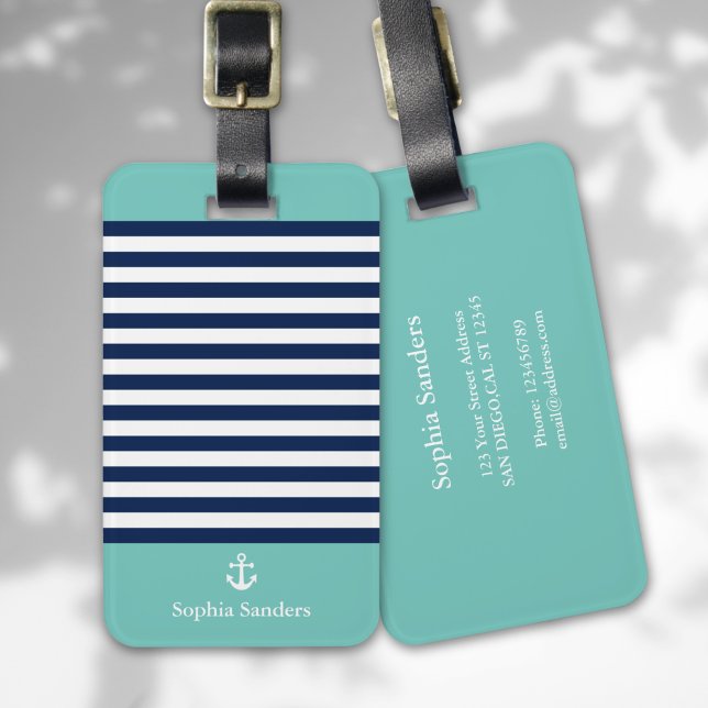 Green and Navy Blue Striped Nautical Pattern Gepäckanhänger (Von Creator hochgeladen)